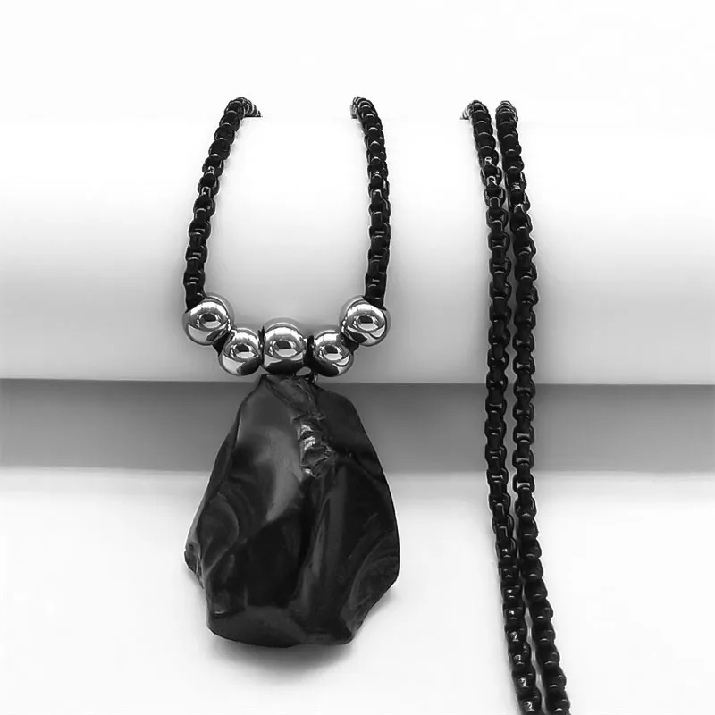 Boho Obsidian Naturstein Perle Glück Halskette Anhänger Frauen Edelstahl Schwarz Farbe Kette Halskette Mode Schmuck NGG47-1