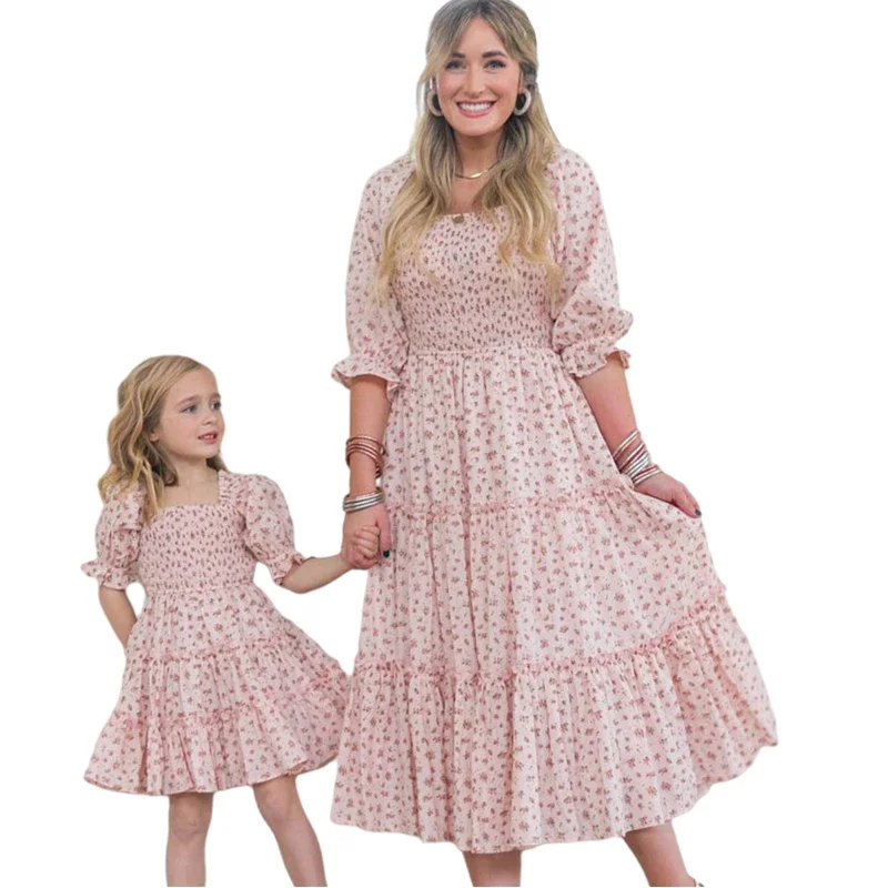 

Family Look Women Matching Mother And Daughter Clothes Puff Sleeve Floral Dress For Mommy And Me Kids Girls Mom Daughter Dresses