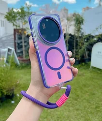 Luxury Fashion Laser Gradient Magnetic Shockproof Case with Lanyard and Clear Back Cover for Xiaomi 15 Ultra (PURPLE)