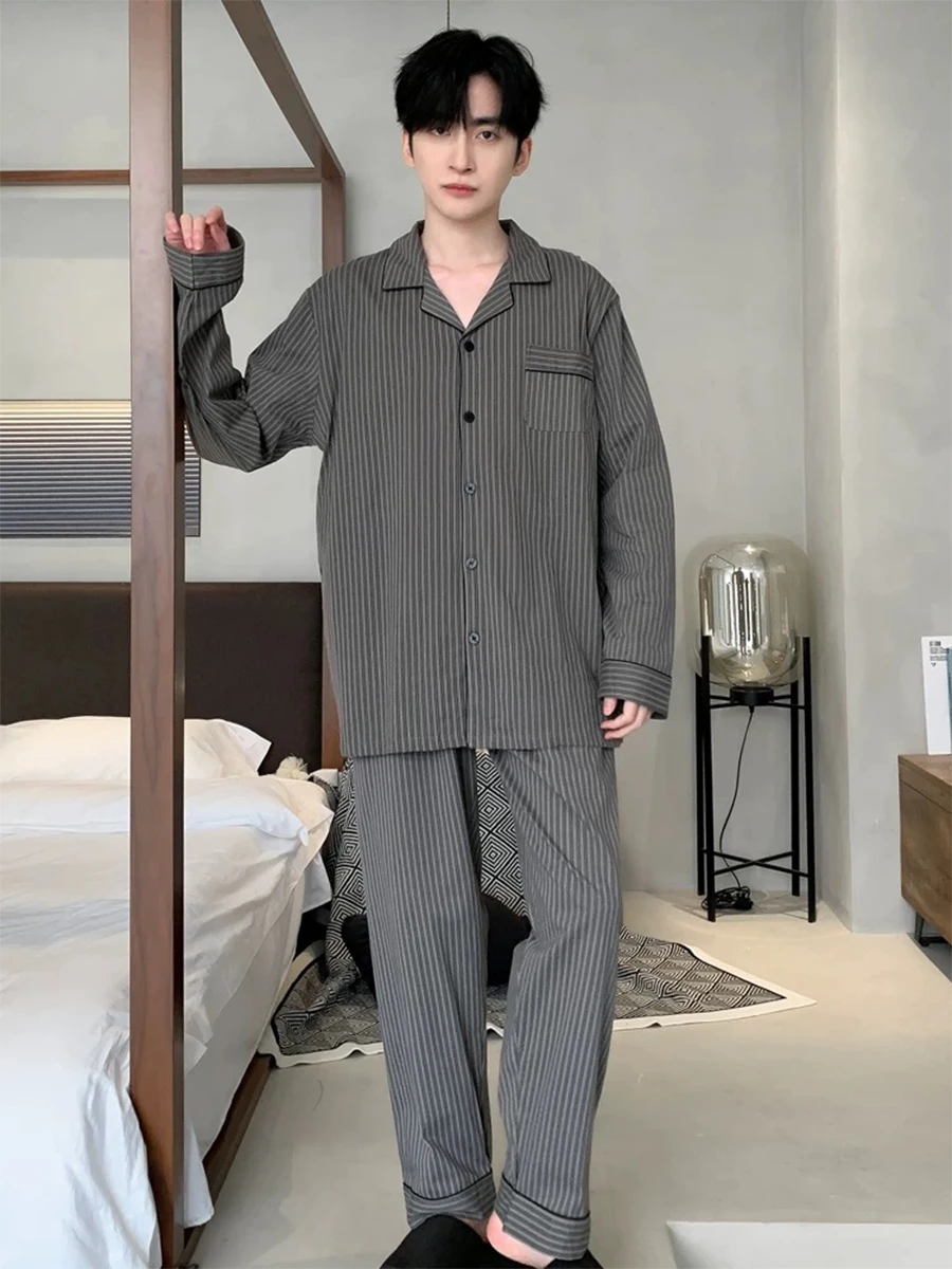 Men Pyjamas Spring Autumn Long-Sleeved Trousers Cardigan Loose Lapel Large Size