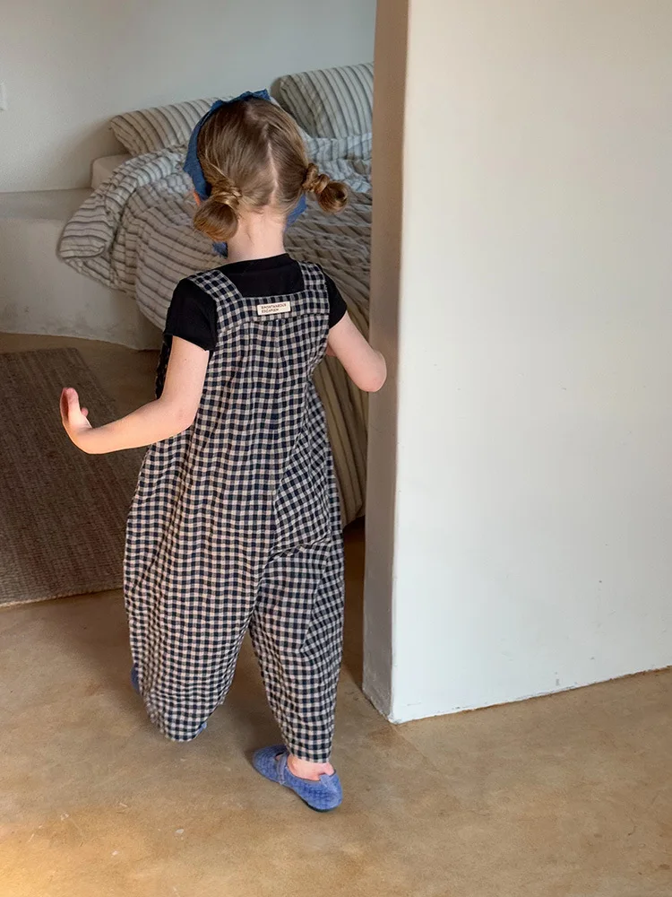2025 Spring New Children Plaid Overalls Cotton Boys Thin Casual Pants Breathable Baby Girls Loose Strap Trousers Kids Clothes