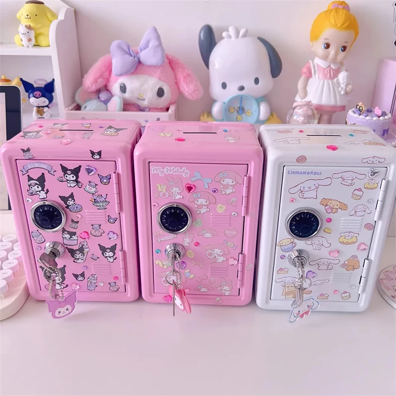 Sanrio Kawaii Hello Kitty Piggy Bank Anime Cinnamoroll Ins Desktop Iron Coin Change Safe Decorative Sticker Storage Key Cabinet