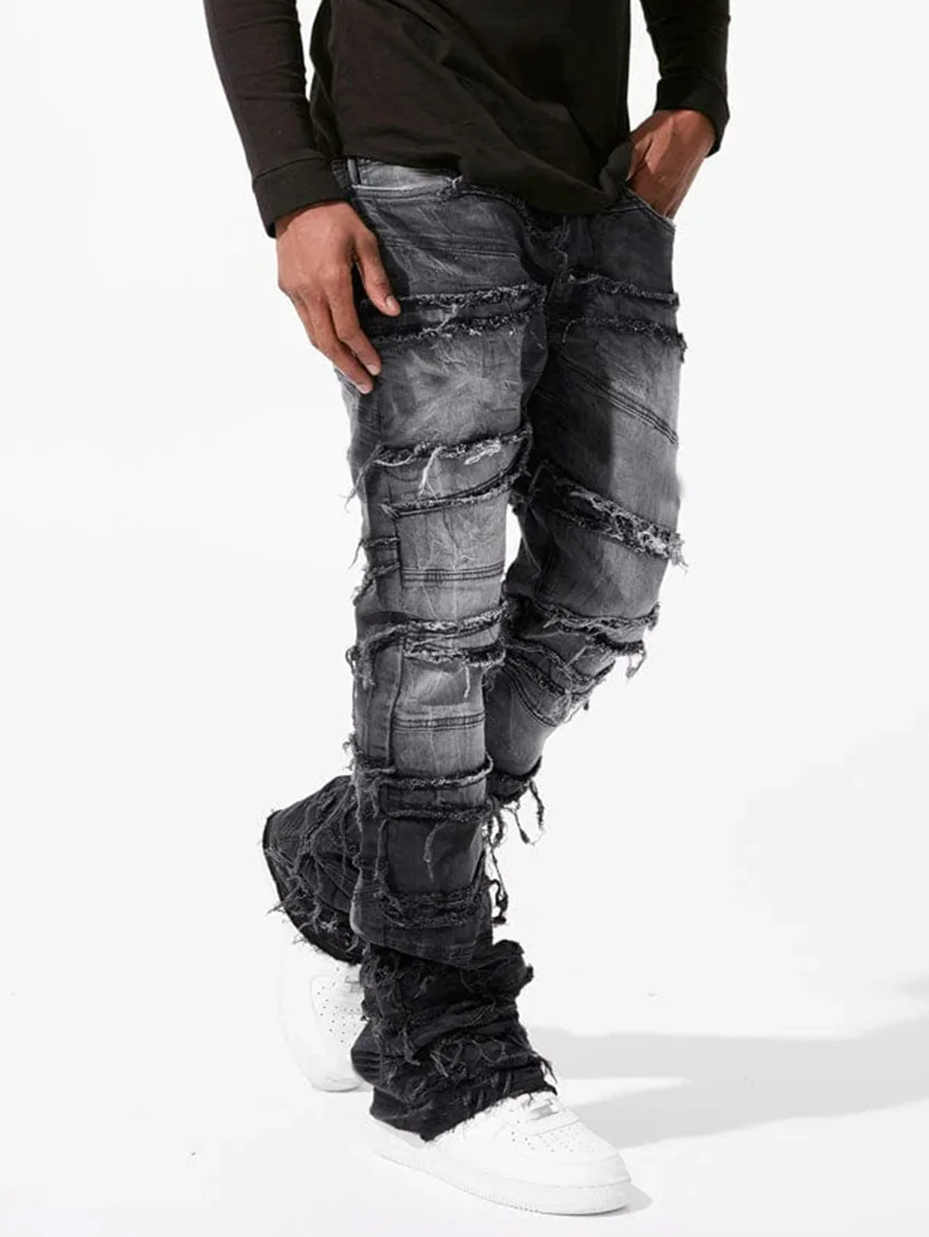 Stacked Jeans Men Patchworks Spliced Denim Ripped Wash Frayed Pants Streetwear men jeans ripped jeans ripped patchwork jeans