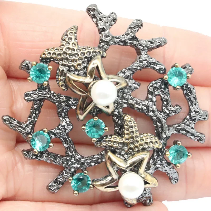 

49x48mm Neo-Gothic Big Starfish 25g Created Rhodolite Garnet Aquamarine Smokey Topaz White Pearl Black Gold Silver Pendant