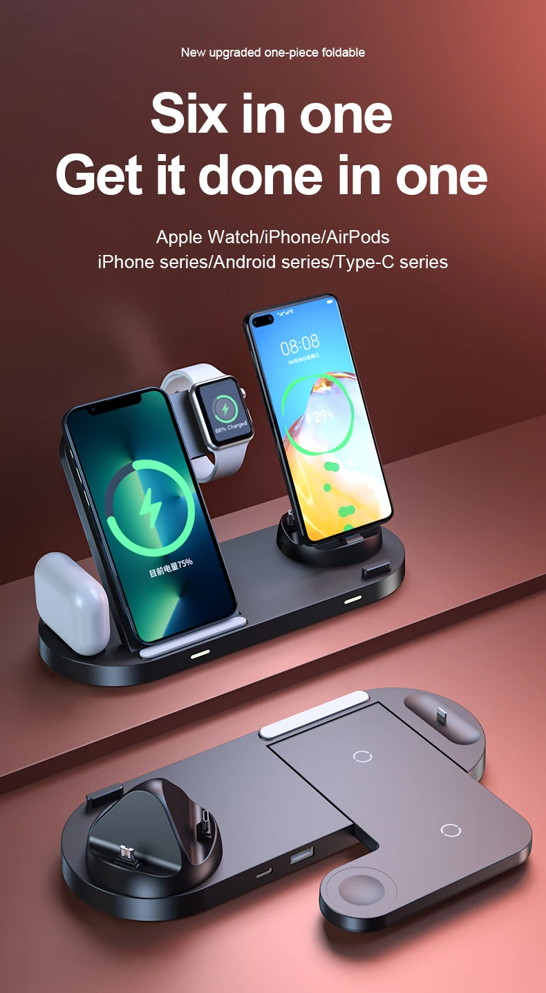 

Беспроводное зарядное устройство 6 в 1, подставка для iPhone 15 14 13 12 X Max, складная док-станция для быстрой зарядки для IWatch 8 7 SE AirPods Pro