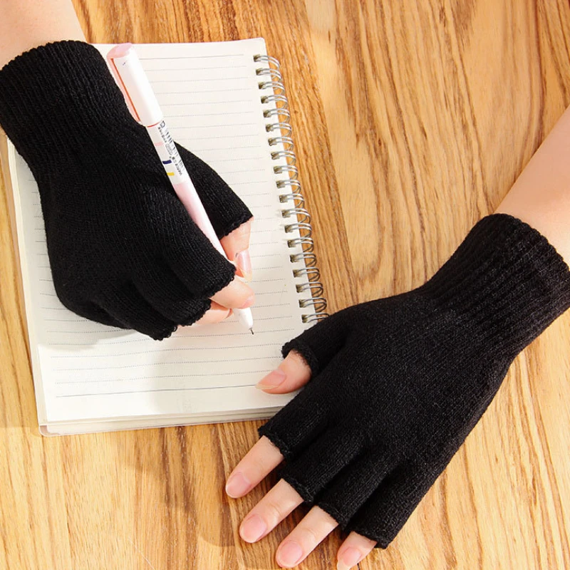 

1 пара, черные короткие трикотажные перчатки без пальцев, зимние теплые Стрейчевые рабочие перчатки, аксессуары для велоспорта