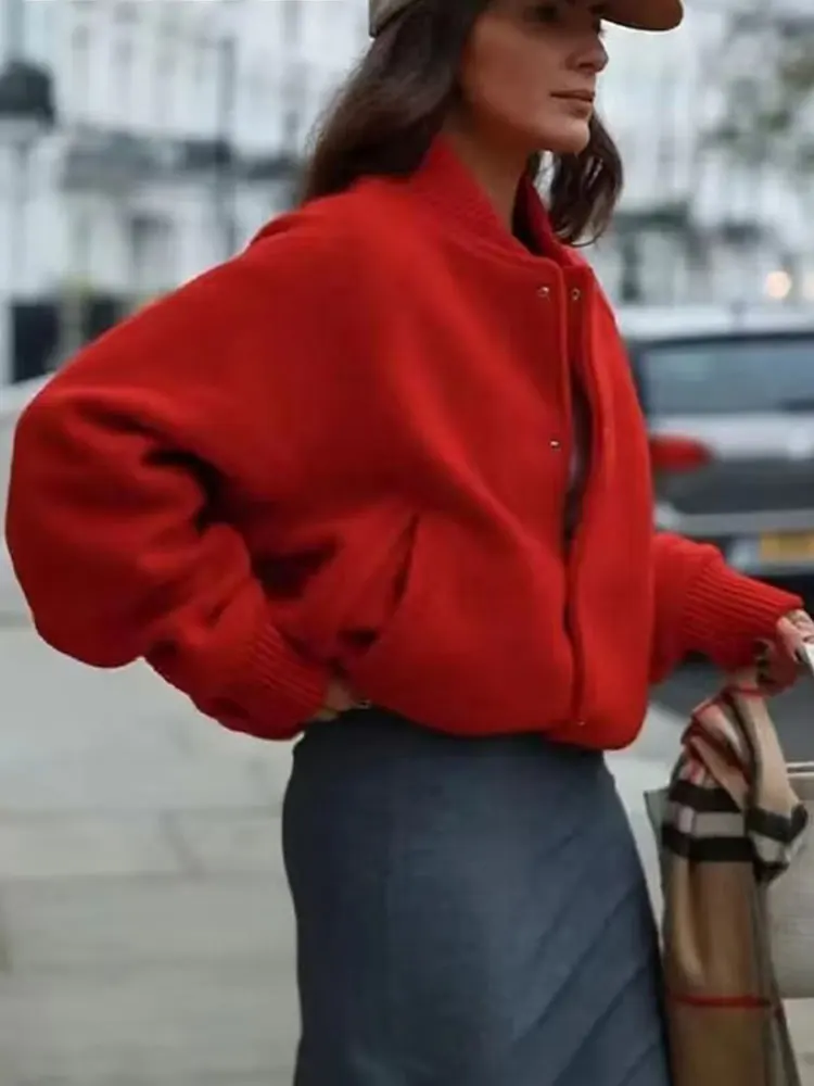 HH Women Red Coat Casual Single Breasted Long Sleeve Female Coats 2025 Fashion Loose O-Neck Office Lady Outwear