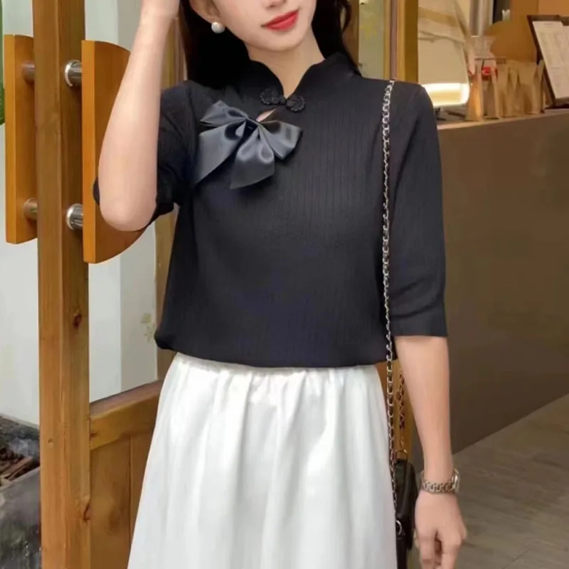 

New Women's Spring Autumn Chinese Style Button Solid Color Stand Collar Bow Fashion Chic Commuter Versatile Half Sleeve Tops