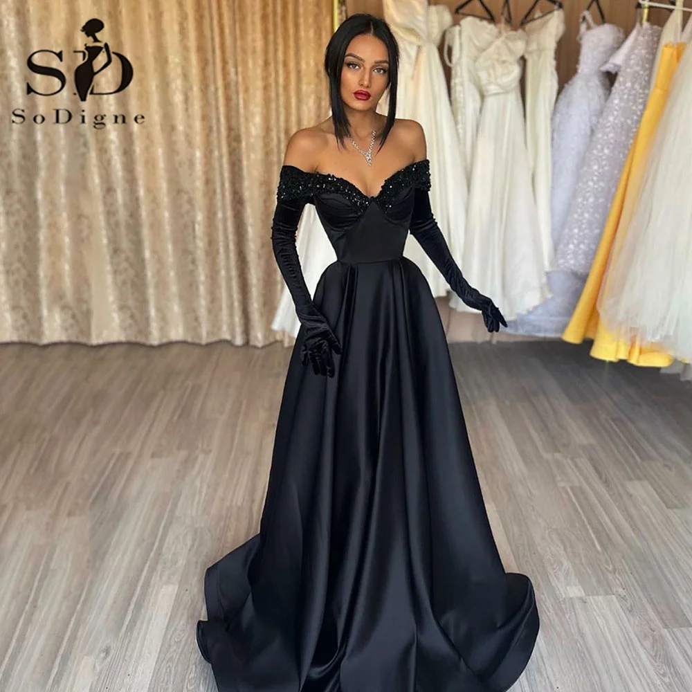 

SoDigne Black Arabic Evening Dress with Long Sleeve Sequins Dubai Women Formal Party Gown For Beach Wedding Guest Dress