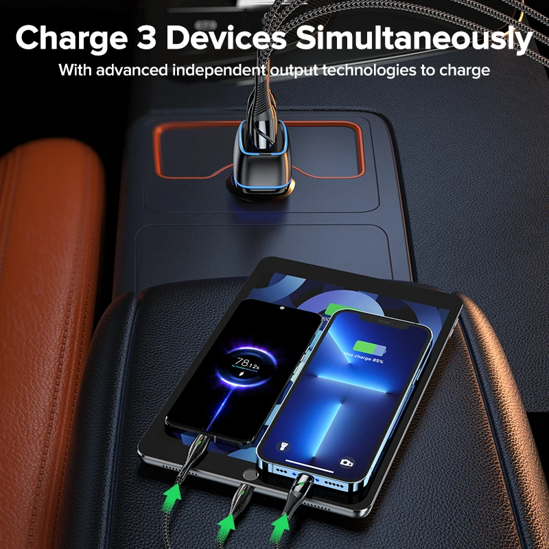 QOOVI شاحن سيارة 44 واط، 3 منافذ USB-C PD شحن سريع لهاتف iPhone وSamsung وXiaomi - Image 4