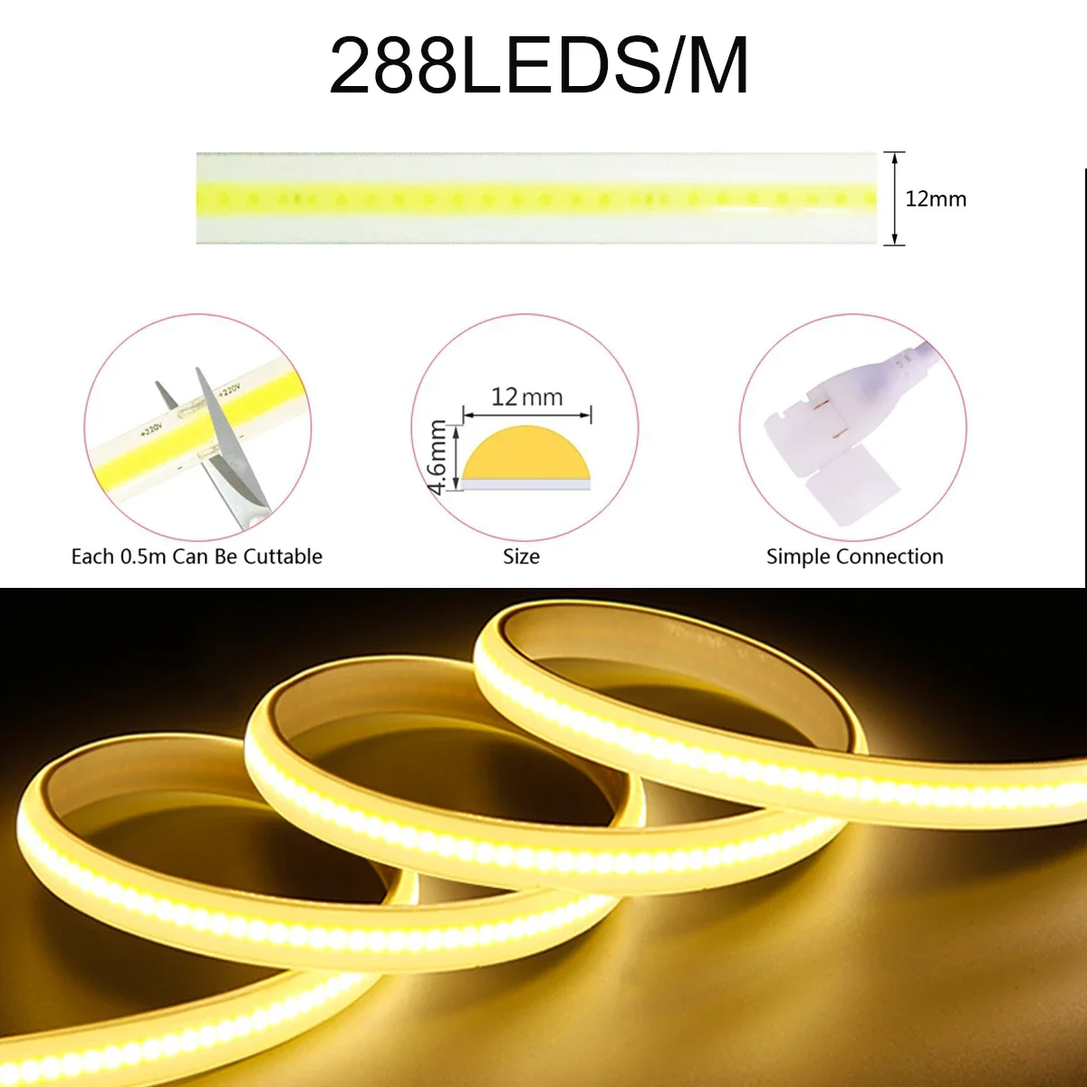 슈퍼 밝은 220V 230V COB LED 스트립 Zigbee 3.0 스마트 컨트롤러 288LED/m 유연한 COB 라이트 바 야외 방수 스마트 라이프