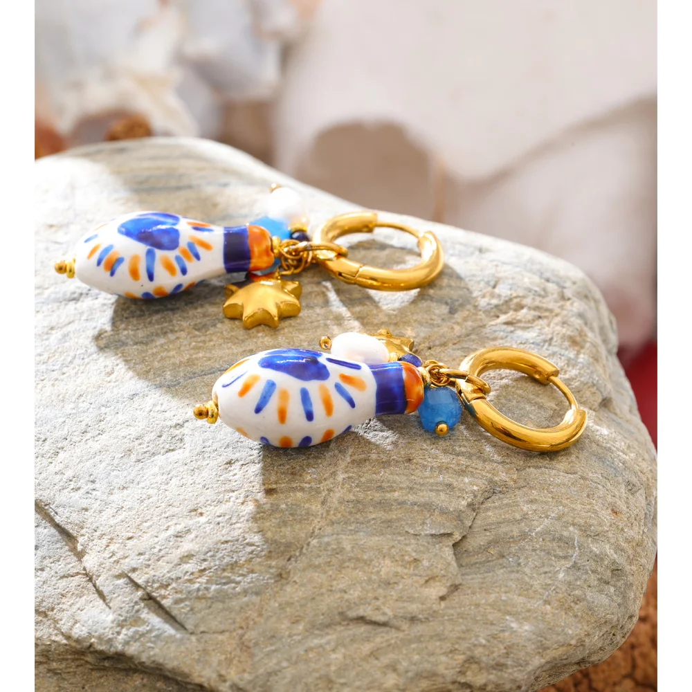 Yhpup France Earrings Ceramic Heart Star Drop Hoop