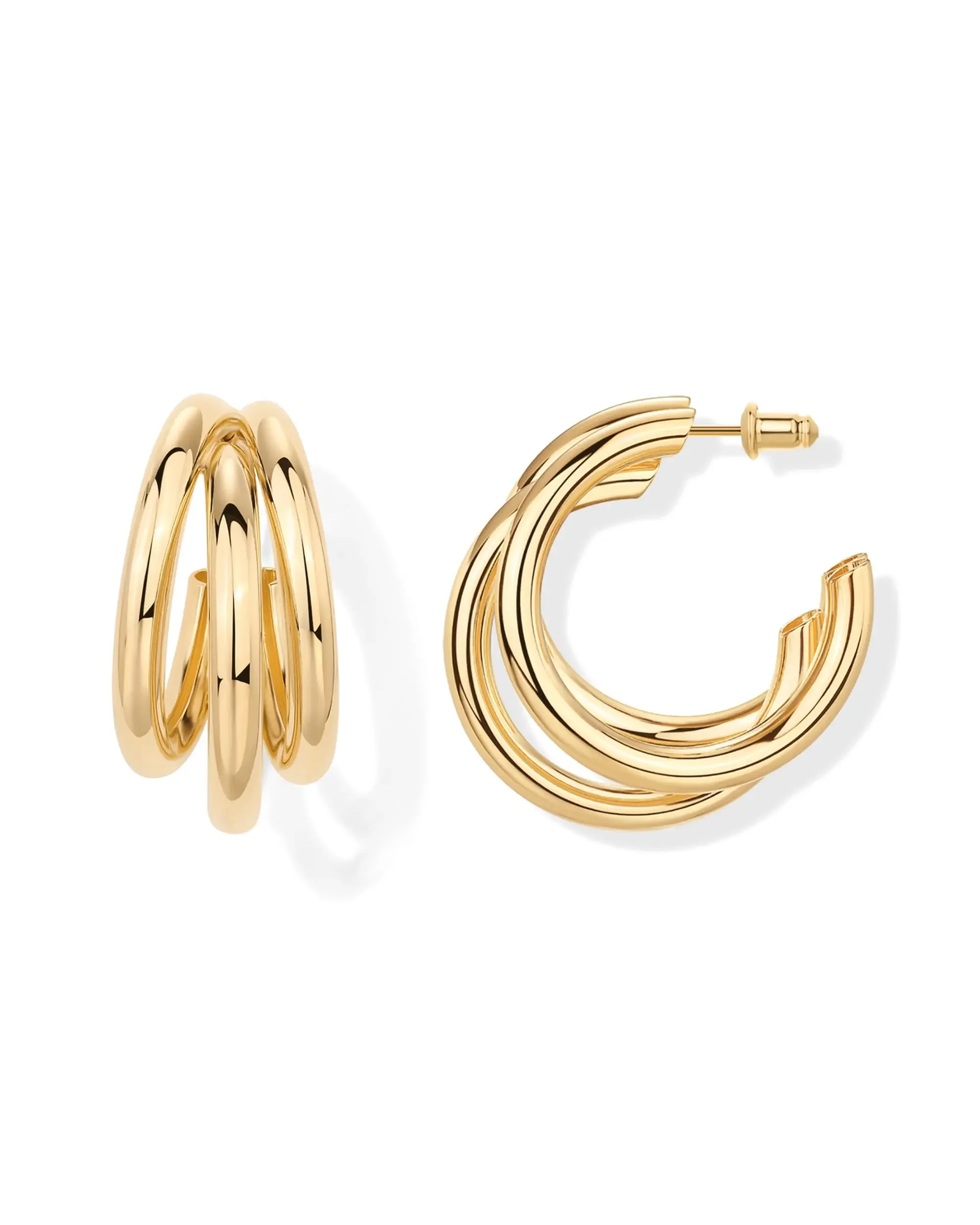 Women 14K Gold Plated Chunky Multi Hoop Earrings Lady Hypoallergenic Trendy Triple Split Loop Huggie Earrings Popular Jewelry 2