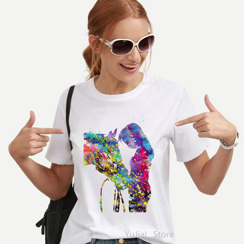 

Watercolor Girl Love Horse Print Women Tshirts Female Funny White T-Shirt Korean Style Clothes Tumblr Tops Tee Shirt Femme