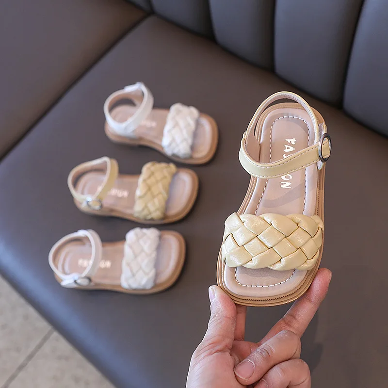 

Toddler Shoes Girl Summer Braided Vacation Square Toe Cute Children Sandals Beige Yellow 21-36 Pu Leather Fashion Kids Sliders