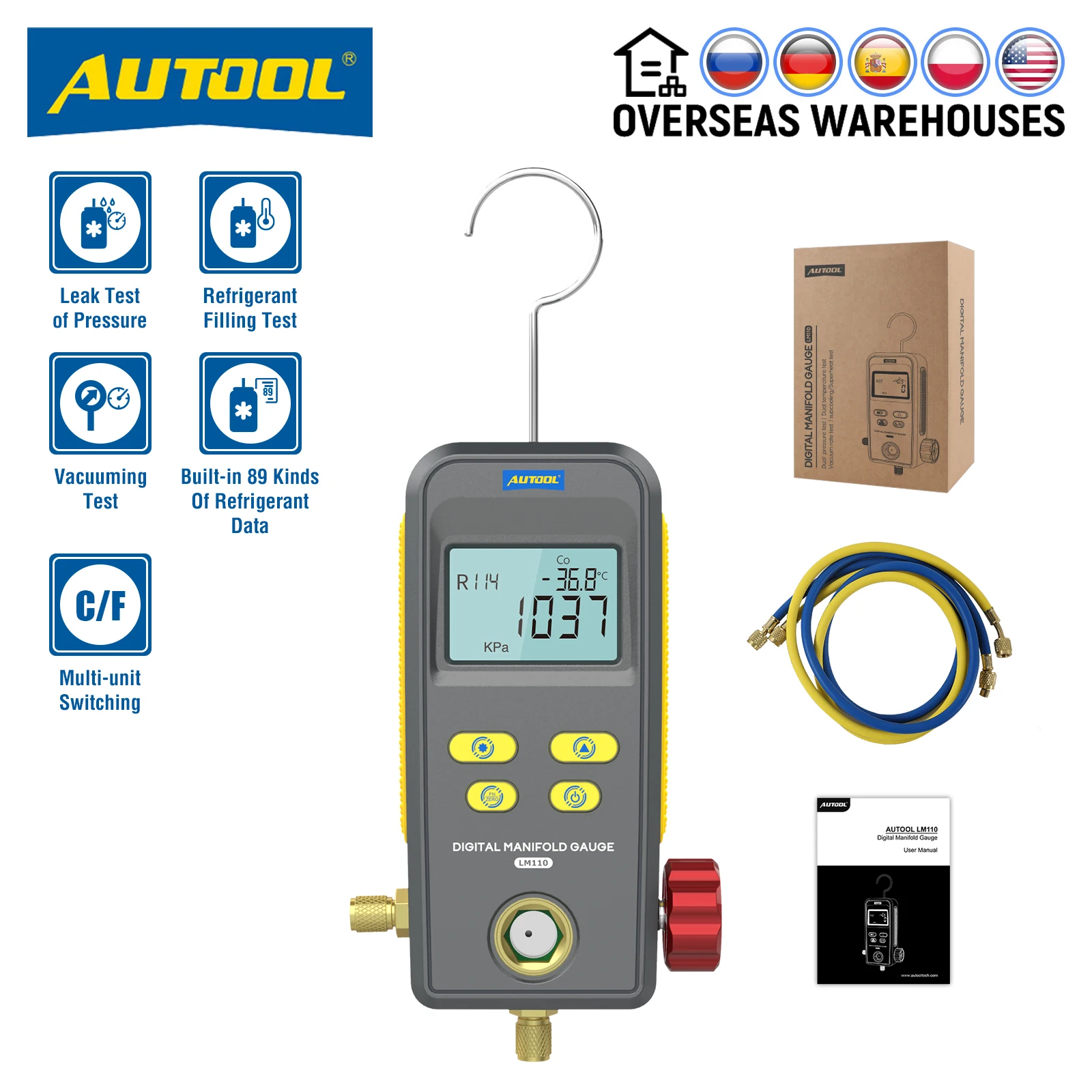 

AUTOOL LM110 Digital Refrigeration Manifold Vacuum Pressure Temp Gauge Refrigerant Filling Testing Leak Test HVAC Testo550