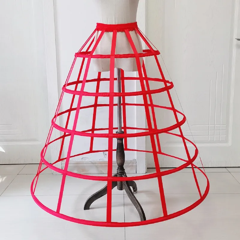 Petticoat Skirt Ladies Red Hollow Cage 5 Hoops Floor Length Pannier Bustle Underskirt