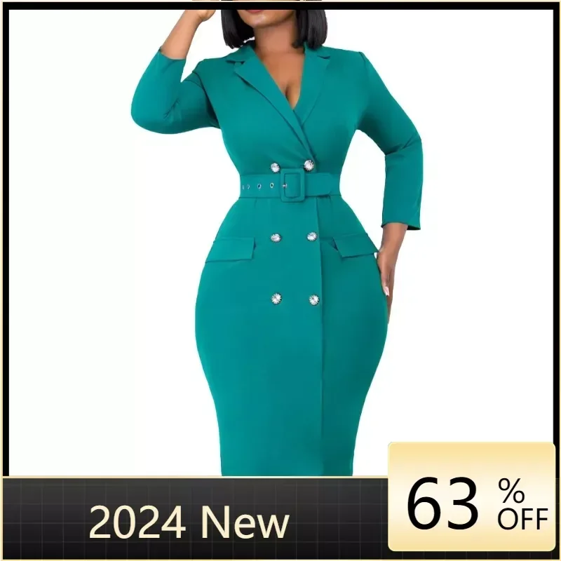 

Plus Size Bodycon Dress V Neck Long Sleeve Temperament Commuting OL Suit Collar Solid Double Breasted Fashion Dress Ladies