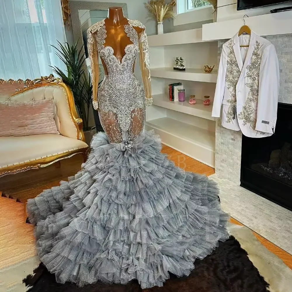 Silver Glitter Rhinestone Bead Mermaid Long Prom Dresses For Black Girls Full Sleeves Tiered Evening Gown Customsized