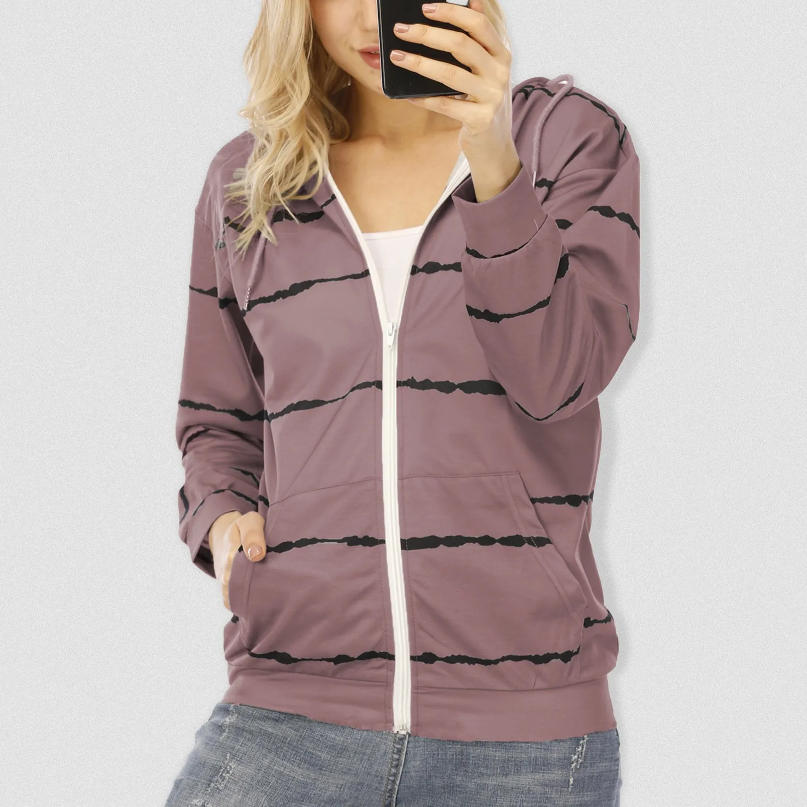 

Thin Women Striped Hoodies Women'S Full Zip Hooded Sweatshirt With Pockets Autumn Drawstring Sports Casual Jacket Coat Sudadera