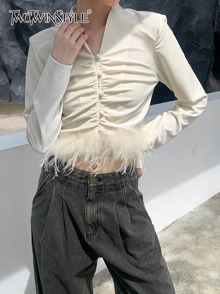 

TWOTWINSTYLE Solid Patchwork Feather Blouses For Women V Neck Long Sleeve Spliced Folds Slimming Velvet Shirts Female Fashion