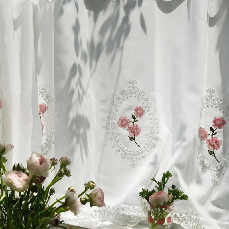 

Romantic Short Curtains for Kitchen Bathroom Closet, White Floral Embroidery Tulle, Elegant Sheer Curtain, Window Decoration