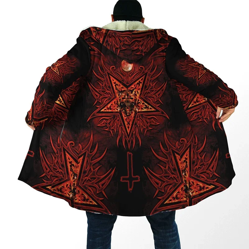 Men's Hooded Cloak Satan Demon Tattoo Skull 3D Printing Winter Fleece Trench Coat Unisex Casual Thicken Warm Hooded Cloak H008