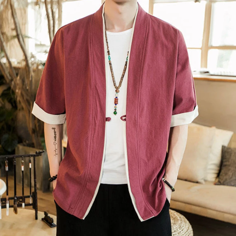 Men's Casual Blouse Cotton Linen Shirt Loose Tops Short Sleeve Chinese Clothing Handsome Men's Open Front Hanfu Coat Men Chinese Shirt
