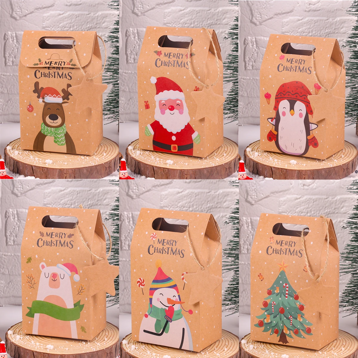 6/12pcs Merry Christmas Kraft Paper Gift Boxes for Candy, Cookies, Party Favors, Santa ... - SKU KPGB1744 - UGI Packaging