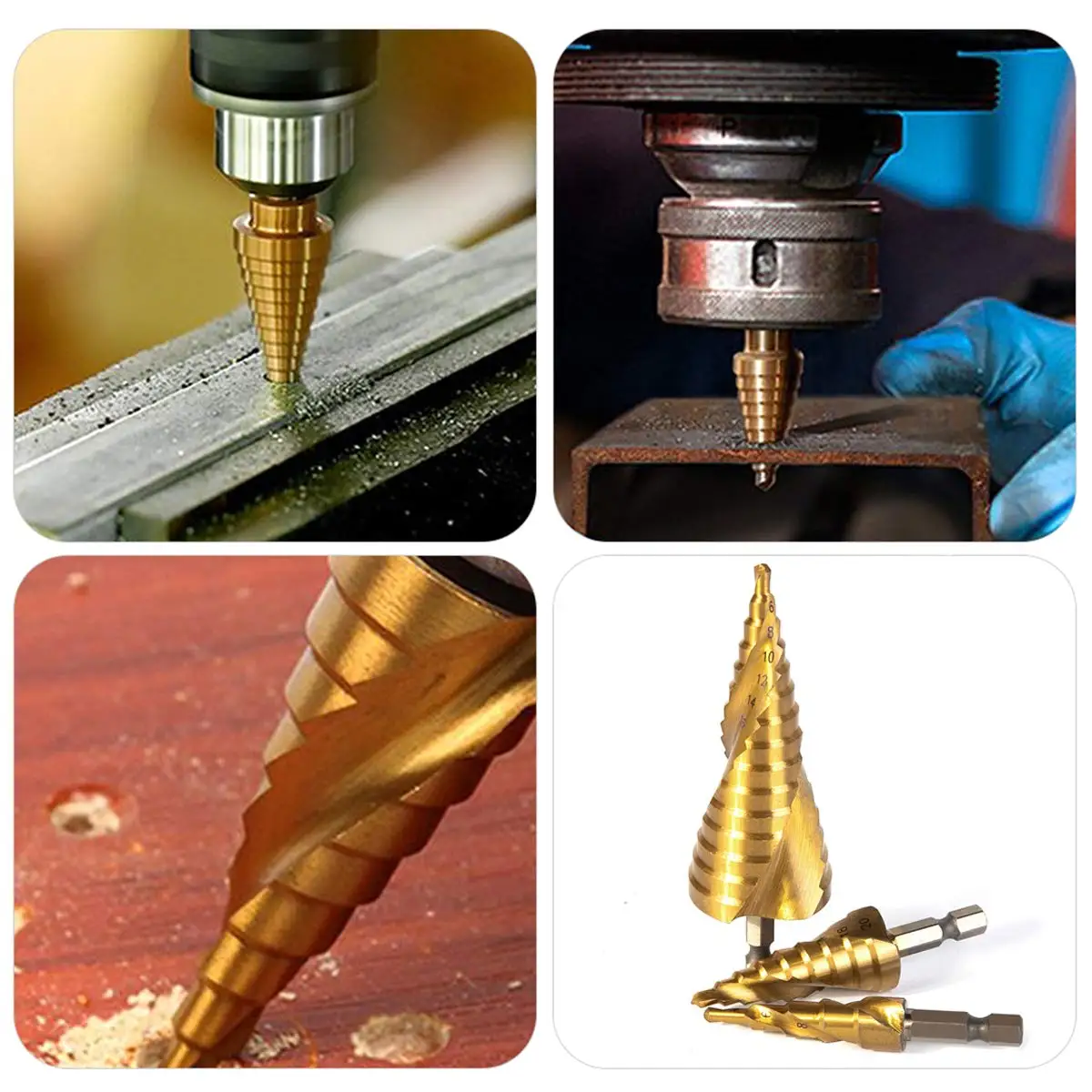 3-Piece HSS Titanium Coated Step Drill Bit Set – 1/4" Hex Shank, 31 Step Sizes For Metal, Wood, Plastic – Spiral Grooved Design