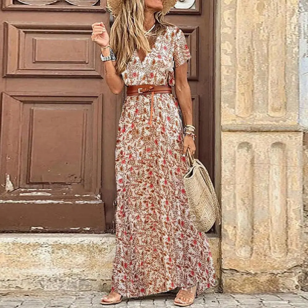 

2023 Boho Dress for Women Sexy V Neck Short Sleeve Paisley Print Belt Large Hem Beach Long Dress Summer Maxi Dress Vestido Robe