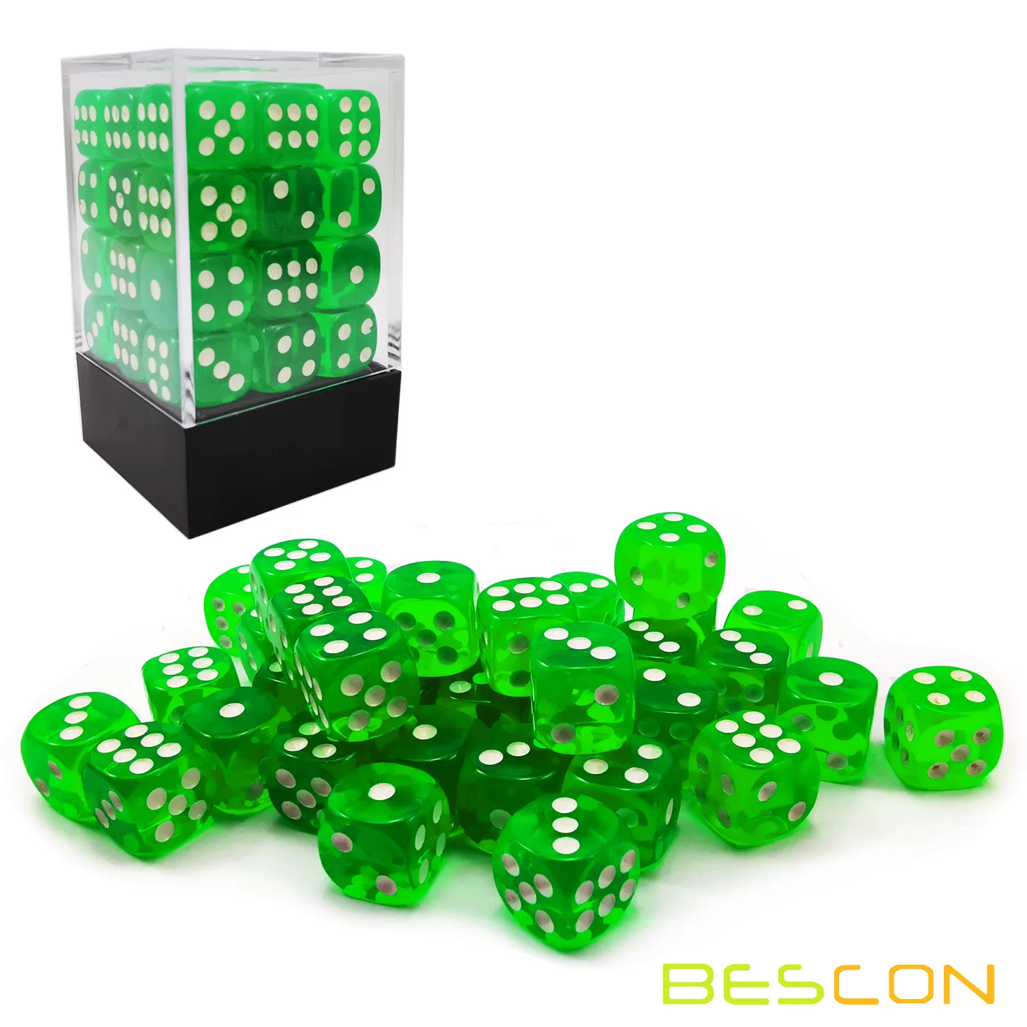 Bescon 12mm 6 Sided Dice 36 in Brick Box, 12mm Six Sided Die (36) Block of Dice, Translucent Green with White Pips 2
