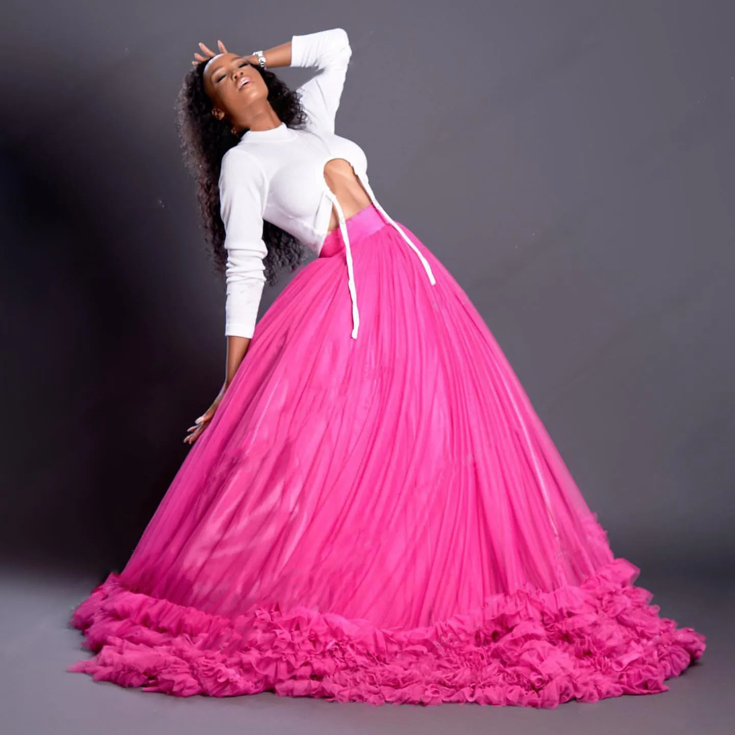

Pink Color Long Tulle Skirts Women Party Fluffy Fashion A-line Mesh Maxi Skirt Handmade Female Skirt Tiered Bottom