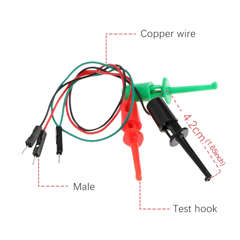 3pcs Electrical Hook Type test Clip Instrumentation Transistor Tester Hook Type test Clip Probes Kit with Male Head DuPont Line