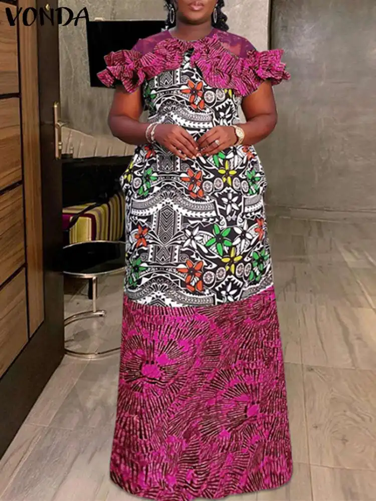 

Plus Size VONDA Summer Maxi Dress Women Short Sleeve Bohemian Floral Printed Ruffled Sundress Vintage Casual Long Robe Femme