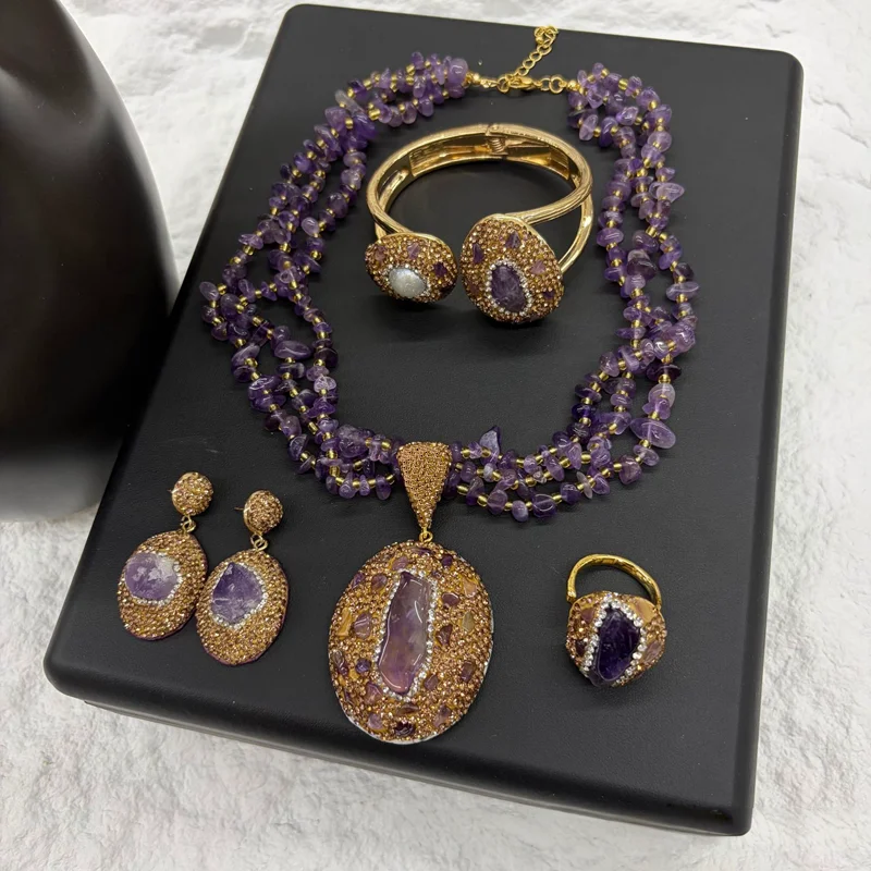 Vintage 4pcs Necklace Earring Ring Bracelet Crystal Stone Jewelry Sets for Women Natural Amethyst Tigers Eye Statement Jewelrys