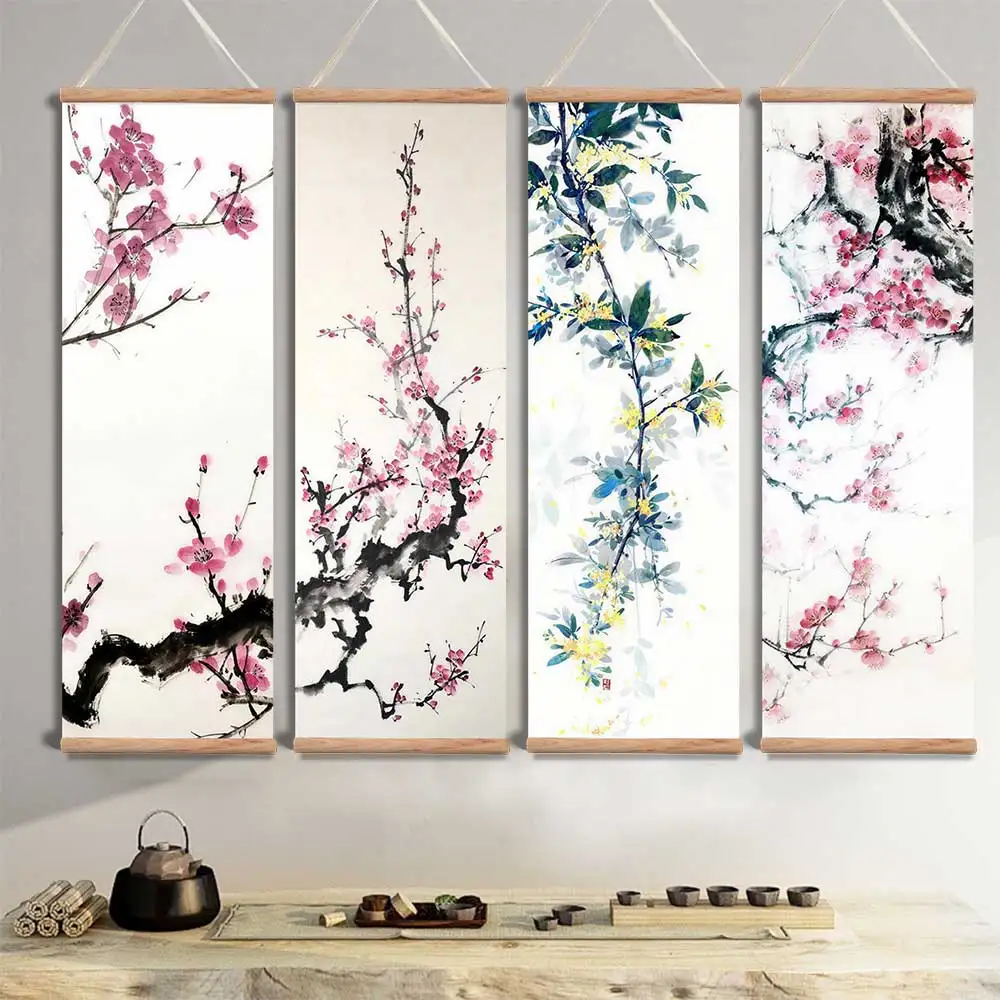 Impression sur toile de paysage chinois traditionnel avec fleurs et plantes, décoration murale en forme de rouleau 1