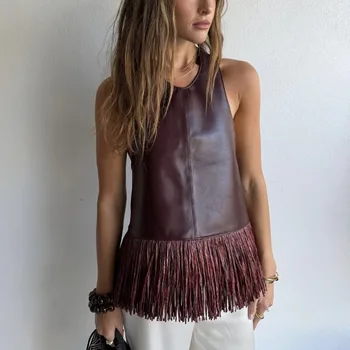 Faux Leather Fringe Ptachwork Halter Top Women Casual Solid Sleeveless Backless Female Tank 2026 Spring Summer Chic Lady Tops 1