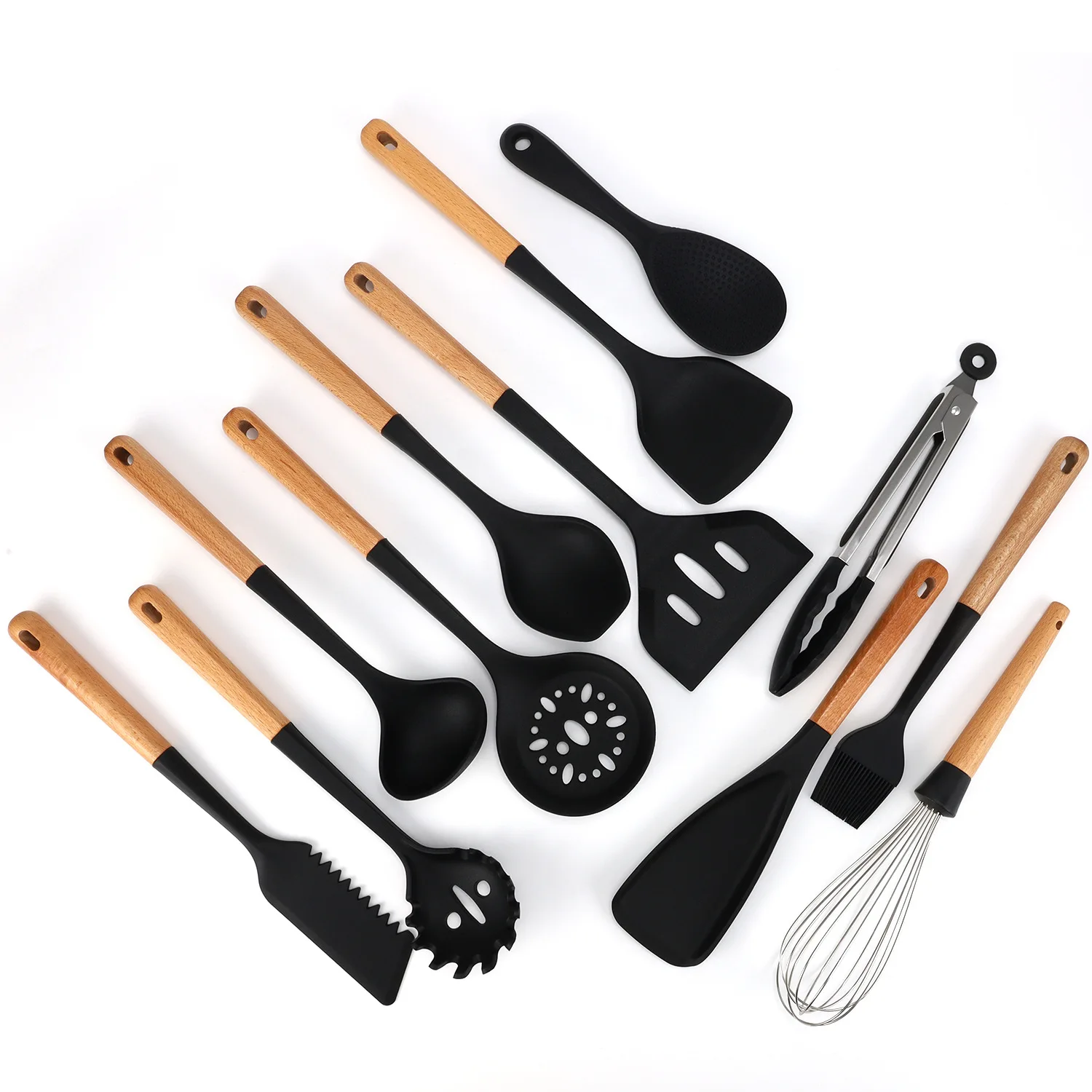 Black Food Grade 1Pcs Silicone Kitchen Utensils Set Non-Stick Cookware Wooden Handle Spatula Egg Beaters Kitchen Accessories kitchen utensils