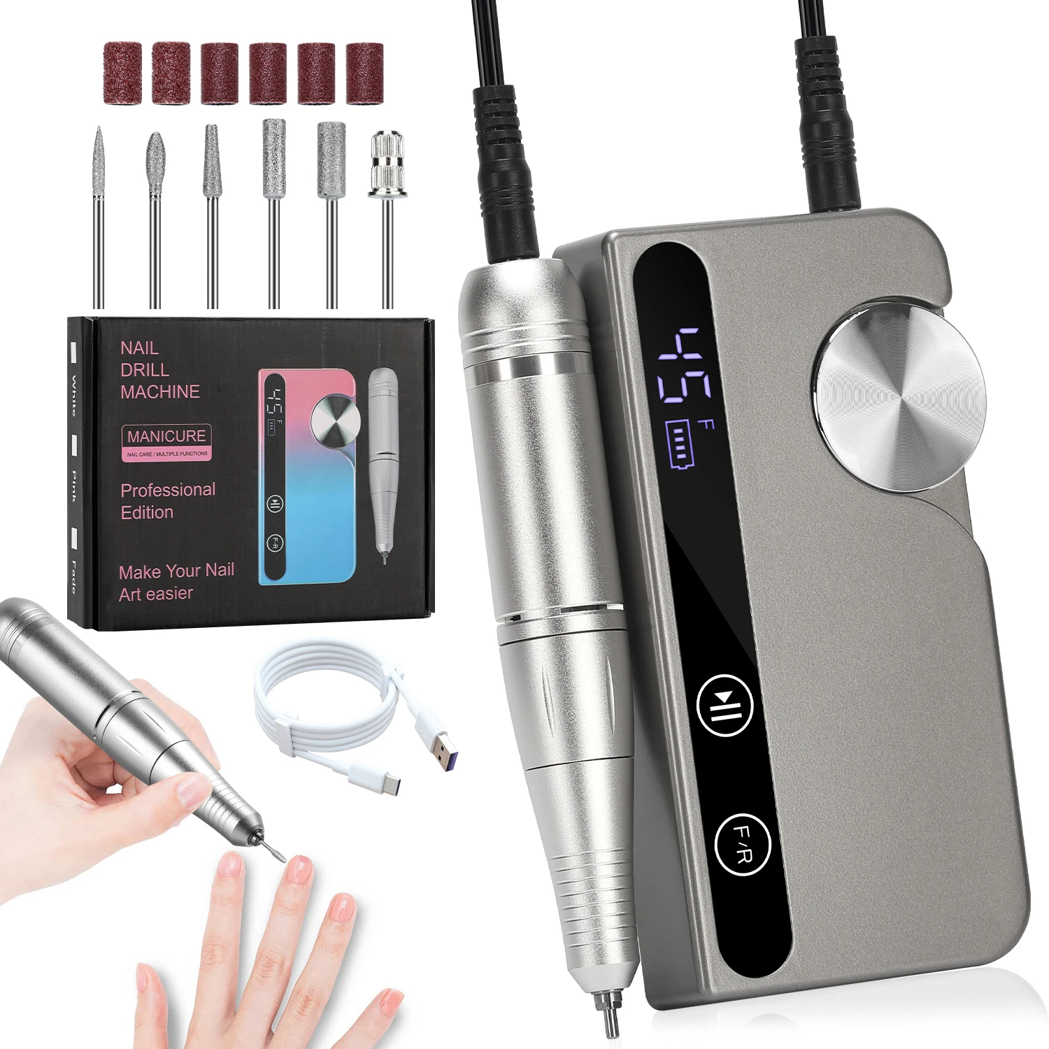 Electric Nail Drill 45000RPM Portable USB Charging Low Voice with HD LCD Display
