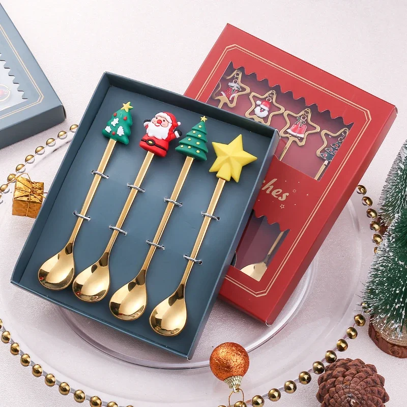 

Christmas Cutlery Spoon Fork Set Elk Gift Christmas Tree Snowman Santa Claus Decoration Dessert Spoon Fruit Fork Coffee Spoon