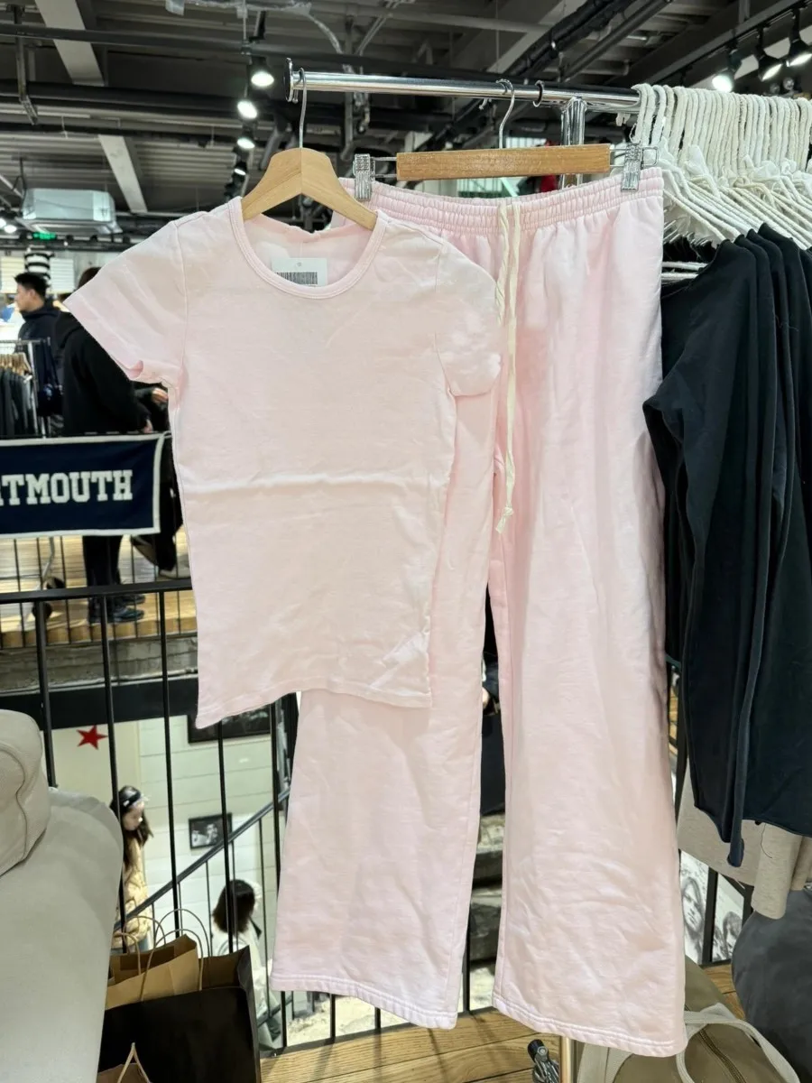 Sweet Pink Basic T-shirt Pant Sets Women New Casual O-neck Short Sleeve Tee+Straight Sweatpant Cute Preppy Style 2 Piece Set Y2K 1
