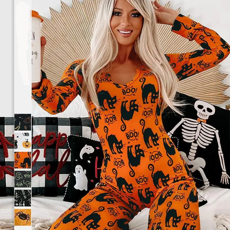 

Halloween Jumpsuit Pajamas Home Parties Catsuits Ghosts 3D Printing Cosplay Costume Casual Female Clothing Pajama Loungewear