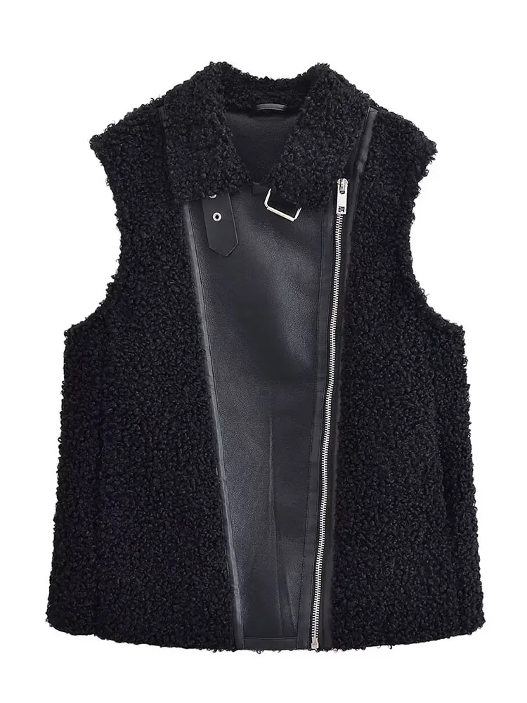 HH Women Vintage Black Faux Fur Leather Waistcoat Elegant Faux Wool Fleece Sleeveless Zipper Vest Female Fashion Streetwear