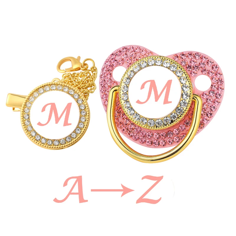 New Newborn Pacifiers for Babies Pink Rhinestones Personalized Pacifier Clip Lid Set 26 Name Initials Infant Nipple Teether Gift 2