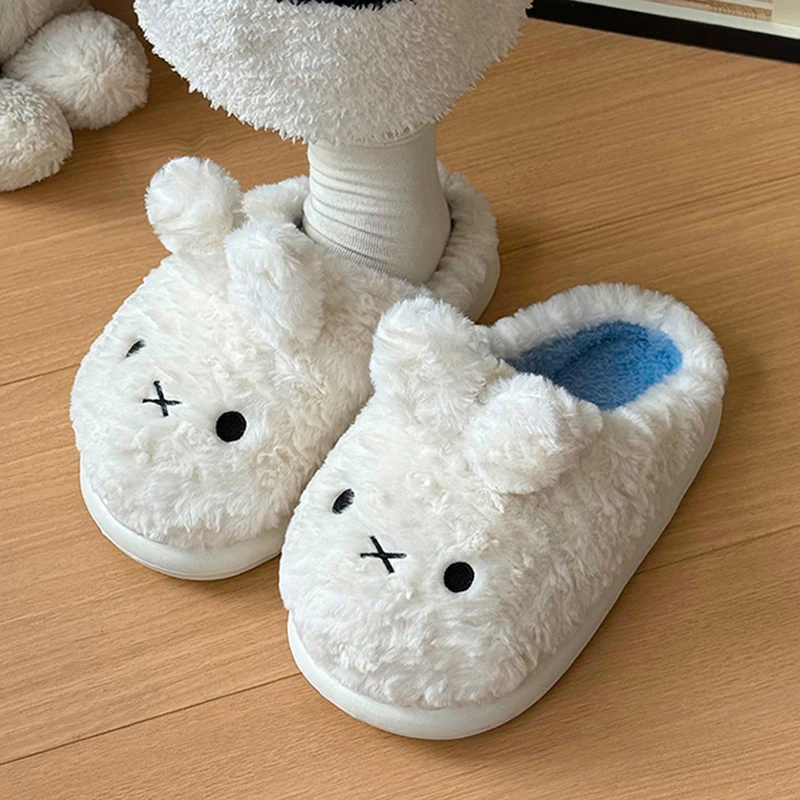 Lovely Lopunny Cotton Slippers for Women 2026 Indoor Thicken Plush Home Slippers Woman Winter Non Slip Soft Warm Slides Female