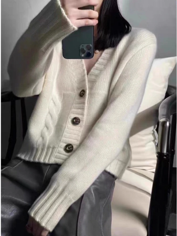 Fashion New Autumn and Winter V-neck Women's Sweater Single-breasted Women's Casual Long-sleeved Office Knitted Short Jacket