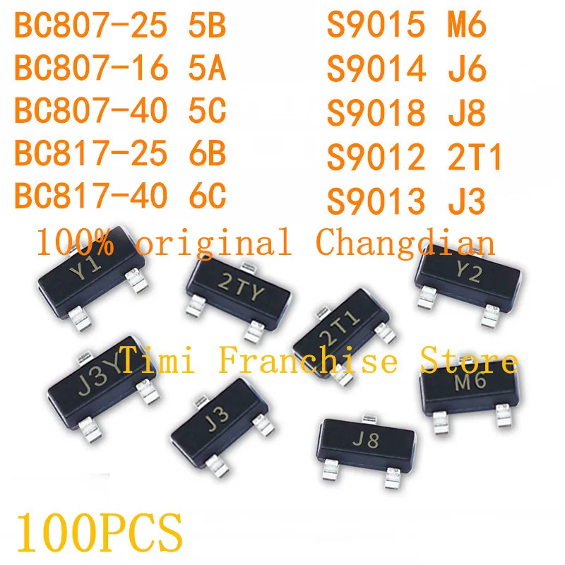 100PCS Transistors S9015 M6 S9014 J6 S9018 J8 BC807-25 5B BC807-16 5A BC807 5C BC817-25 6B BC817-40 6C S9012 2T1 S9013 J3 SOT-23