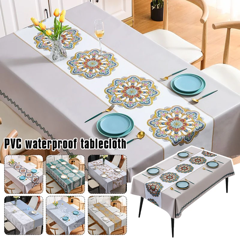 European Tablecloth Simplicity Waterproof Oilproof Embroidered Pvc Rectangular Dustproof for Home Hotel Partys with Friends