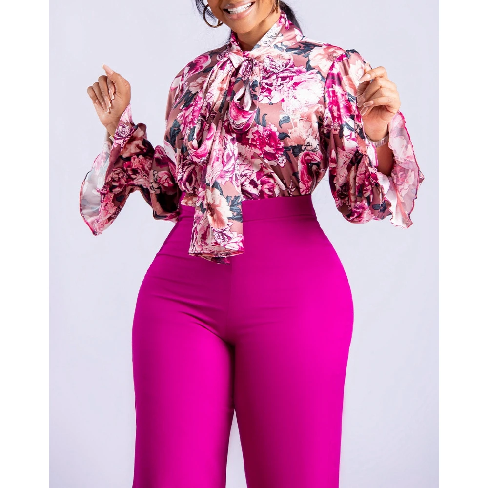 Women Floral Print Tie Neck Design Flare Sleeve Top & Wide Leg Pants Set Casual 2 Piece Suit Sets Women Business Set Outwear
